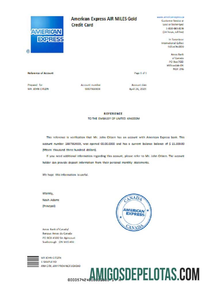 Referência do cartão de crédito Canada American Express Air Miles Gold exemplo real